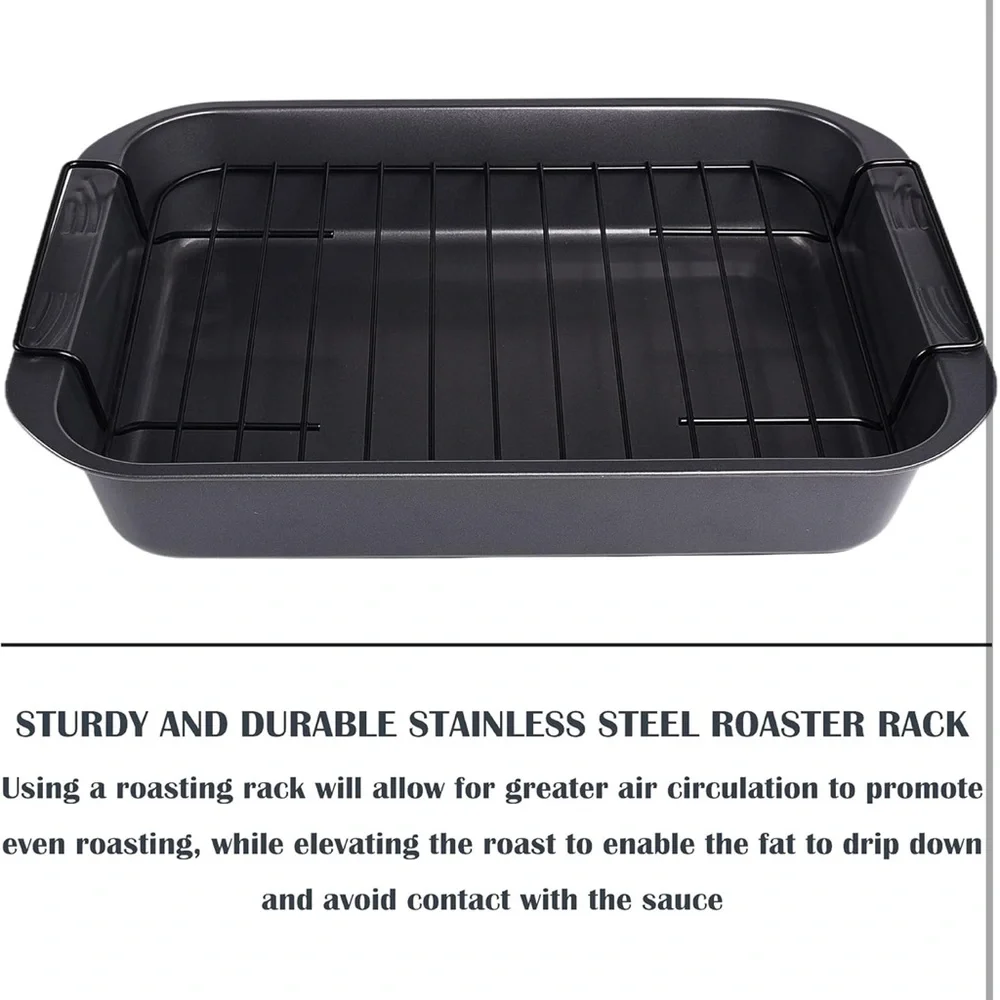 kitCom Bakeware Nonstick Roaster with Rack, 15 Inch x 11 Inch (5.8 QT), Gray